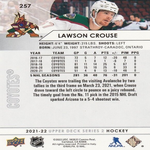 Lawson Crouse - 2021/2022 Upper Deck Series 2 Hockey Card - Picture 2 of 2